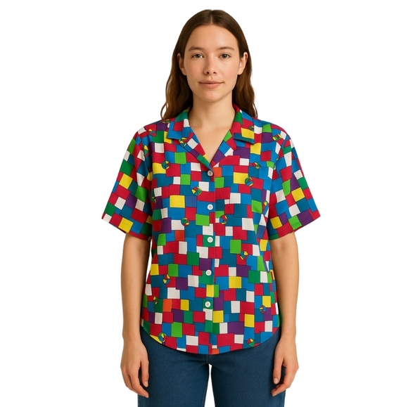 Rubik’s Cube Print Button-Up Shirt | Retro Gamer Colorblock Blouse Size M/L - Picture 1 of 9